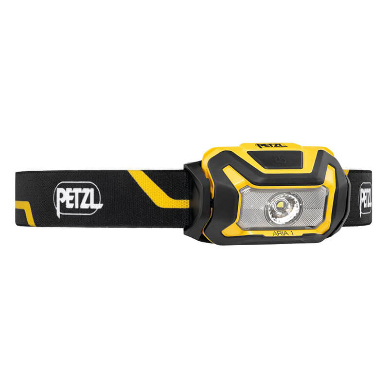 The Petzl ARIA 1 Headlamp E069AB00 by Petzl offers 350 lumens of hands-free lighting with a yellow and black casing on a black adjustable headband featuring the Petzl logo and a single round LED.