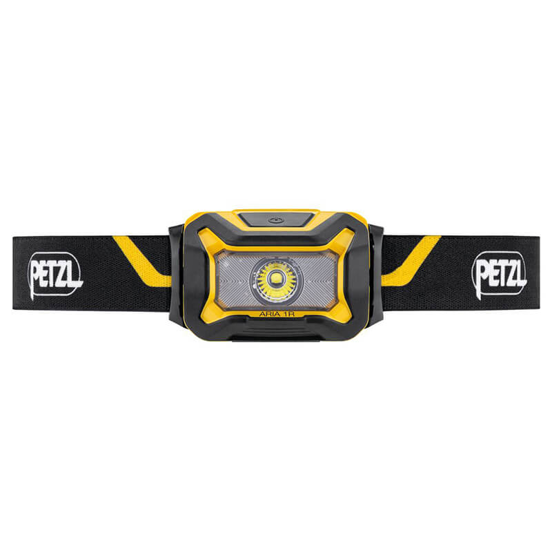 The Petzl ARIA 1R Rechargeable Headlamp E069CB00 features an adjustable strap, central LED, and Petzl logos. Its black and yellow design offers reliable job site lighting in a compact, rechargeable package.