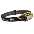 The Petzl ARIA 1R Rechargeable Headlamp E069CB00 features a black and yellow design, adjustable elastic strap, white LED front light, and Petzl logo on the band—perfect for job site lighting.