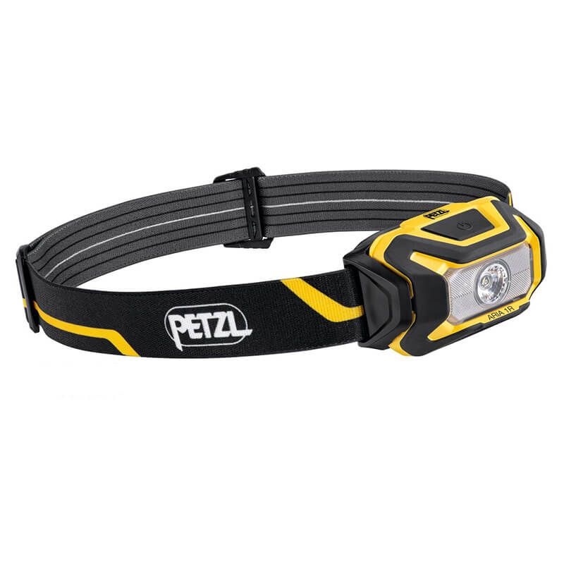 The Petzl ARIA 1R Rechargeable Headlamp E069CB00 features a black and yellow design, adjustable elastic strap, white LED front light, and Petzl logo on the band—perfect for job site lighting.
