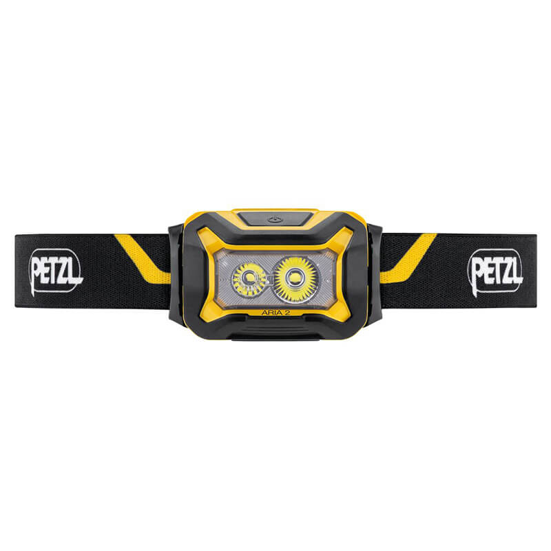 The Petzl ARIA 2 Headlamp E070AB00, in yellow and black, features two LEDs on a black adjustable headband with white Petzl logos. This rugged, waterproof headlamp offers reliable hands-free lighting for outdoor use.