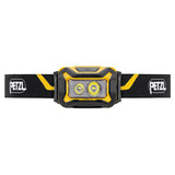 The Petzl ARIA 2 Headlamp E070AB00, in yellow and black, features two LEDs on a black adjustable headband with white Petzl logos. This rugged, waterproof headlamp offers reliable hands-free lighting for outdoor use.