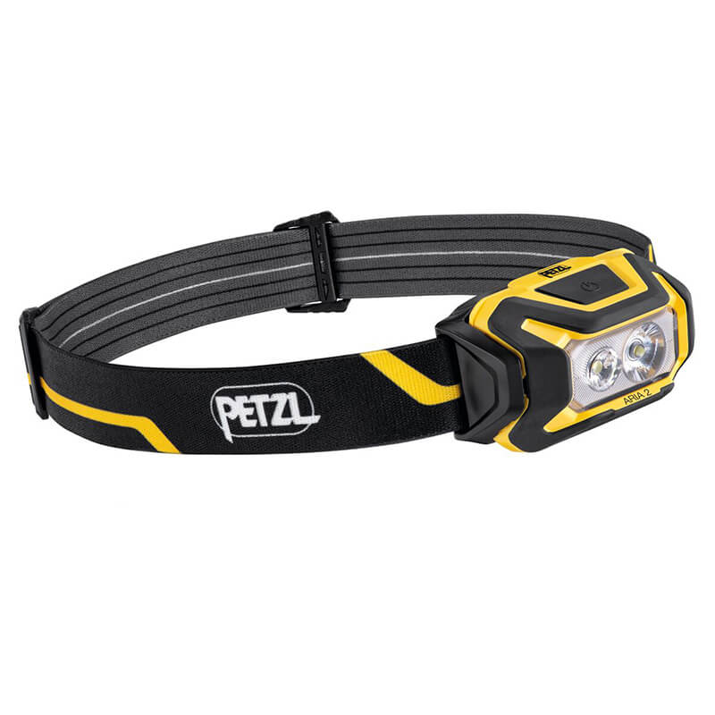 The Petzl ARIA 2 Headlamp E070AB00 is a black and yellow, waterproof headlamp with adjustable elastic strap and dual LEDs, ideal for hands-free lighting during outdoor or work activities.