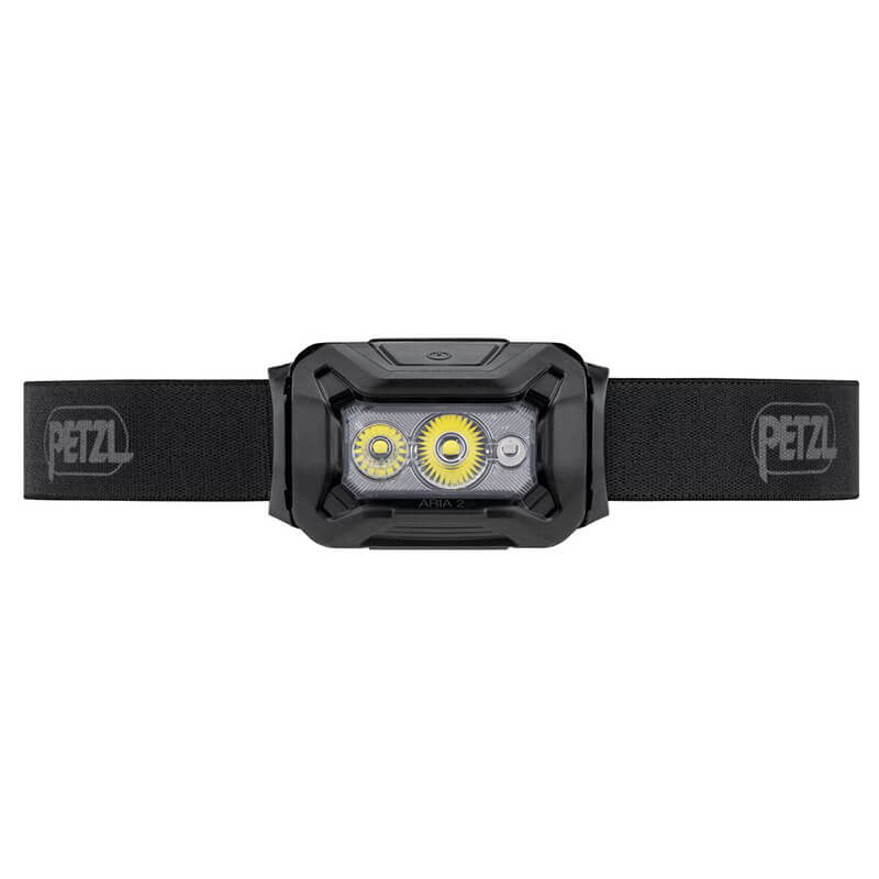 The Petzl ARIA 2 RGB Headlamp E070BB00 is a black, waterproof headlamp with dual yellow-rimmed LEDs, an adjustable elastic band with Petzl logos, and red, green, and blue light modes for versatile use.