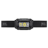 The Petzl ARIA 2 RGB Headlamp E070BB00 is a black, waterproof headlamp with dual yellow-rimmed LEDs, an adjustable elastic band with Petzl logos, and red, green, and blue light modes for versatile use.