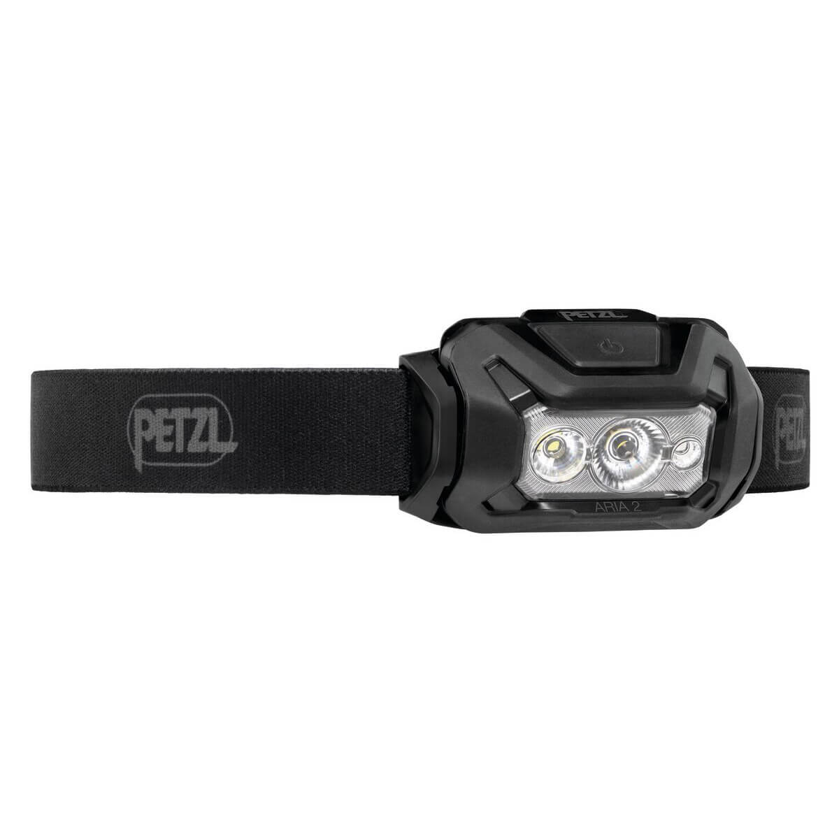The Petzl ARIA 2 RGB Headlamp E070BB00 is a black, hands-free headlamp with an adjustable strap, two LEDs, and red, green, and blue modes—ideal for outdoor activities.