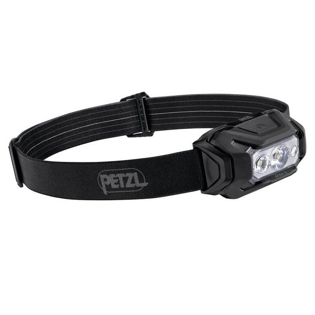 The Petzl ARIA 2 RGB Headlamp E070BB00 is a black, waterproof work headlamp with an adjustable elastic strap and three LEDs for red, green, and blue modes—ideal for hands-free lighting during outdoor activities.