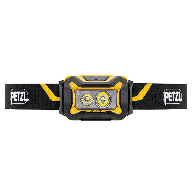 The Petzl ARIA 2R Rechargeable Headlamp E070CA00 features a black and yellow design, two LEDs, a black adjustable strap, and the white Petzl logo on both sides.