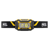 The Petzl ARIA 2R Rechargeable Headlamp E070CA00 features a black and yellow design, two LEDs, a black adjustable strap, and the white Petzl logo on both sides.