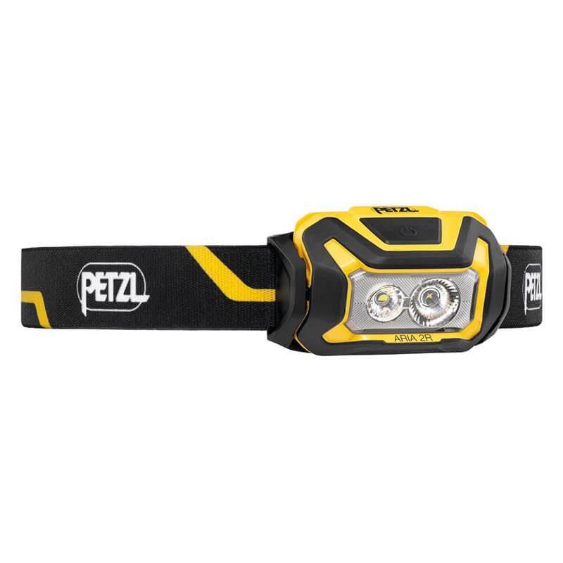 The Petzl ARIA 2R Rechargeable Headlamp E070CA00 is a yellow and black hands-free headlamp with two LEDs, an adjustable black strap featuring the Petzl logo, ideal for professional use.