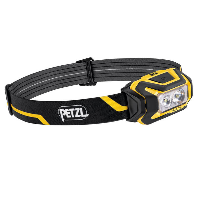 The Petzl ARIA 2R Rechargeable Headlamp E070CA00 is a black and yellow headlamp with two LEDs, an adjustable elastic headband, and the Petzl logo.