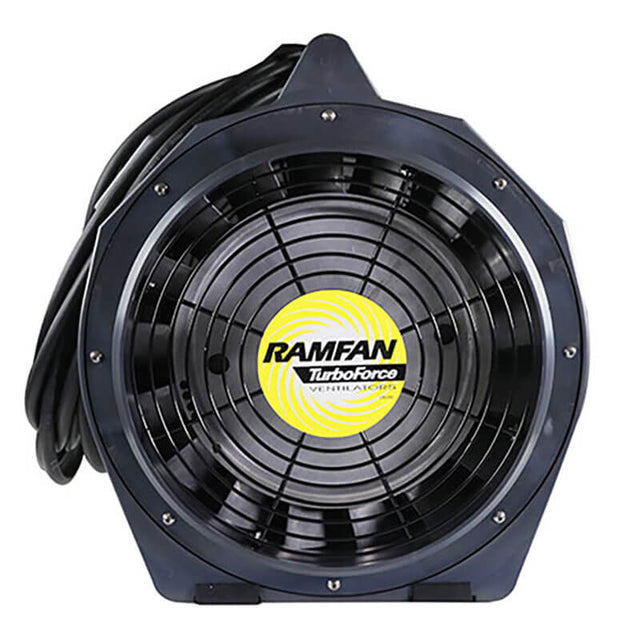 The RamFan Intrinsically Safe 12 in. Blower EB7201XX by Euramco is a black fan with a circular yellow "Ramfan TurboForce Ventilators" logo and protective grill. Designed for hazardous locations, it's styled on a plain white background.