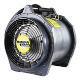 Image of a black portable industrial fan with a top handle and visible grille. The fan has yellow "RAMFAN TurboForce" branding and, as the RamFan Intrinsically Safe 12 in. Blower EB7201XX by Euramco, features an intrinsically safe blower design with safety labels and power cord attached at the back for hazardous locations.