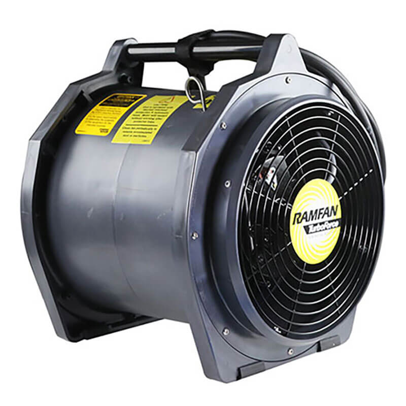 The Euramco RamFan Intrinsically Safe 12 in. Blower EB7201XX is a black industrial cylindrical fan with a protective grille, carrying handle, and yellow RAMFAN labels, designed for heavy-duty use in hazardous locations.