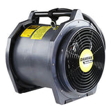 The Euramco RamFan Intrinsically Safe 12 in. Blower EB7201XX is a black industrial cylindrical fan with a protective grille, carrying handle, and yellow RAMFAN labels, designed for heavy-duty use in hazardous locations.