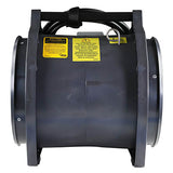 The Euramco RamFan Intrinsically Safe 12 in. Blower EB7201XX features a black body, top handle, circular side openings, and yellow safety labels—a reliable choice for hazardous locations.