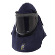 The NSA Enespro Airlite Ascend 40 Cal Arc Flash Lift Front Hood is a dark blue hood with a large, tinted PureView Faceshield featuring anti-fog/anti-scratch coating and “CAT 4 40 CAL” label, designed for electrical arc flash safety.