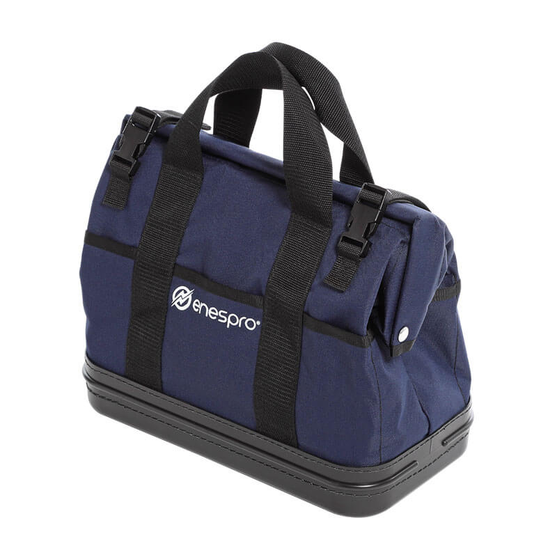 The NSA Enespro Multi-Pocket Deluxe Tool Bag ENBAG-MPB features a durable navy blue and black design, short handles, black straps, a hard plastic base, metal clasps on top, multiple pockets, and the "onespro" logo on the side.