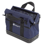The NSA Enespro Multi-Pocket Deluxe Tool Bag ENBAG-MPB features a navy blue and black design with a hard plastic base, sturdy black handles, and logo. Its open top reveals numerous compartments for organized tool storage.