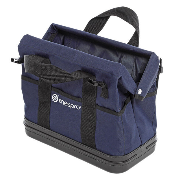 The NSA Enespro Multi-Pocket Deluxe Tool Bag ENBAG-MPB features a navy blue and black design with a hard plastic base, sturdy black handles, and logo. Its open top reveals numerous compartments for organized tool storage.
