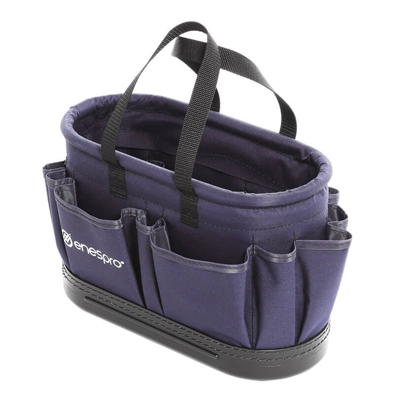 The NSA Enespro Multi-Pocket Oval Tool Bucket ENBAG-OTB is a navy carrier with black handles, outer pockets, and the Enespro logo. Its reinforced base makes it ideal for carrying tools or accessories.