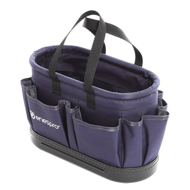 The NSA Enespro Multi-Pocket Oval Tool Bucket ENBAG-OTB is a navy carrier with black handles, outer pockets, and the Enespro logo. Its reinforced base makes it ideal for carrying tools or accessories.