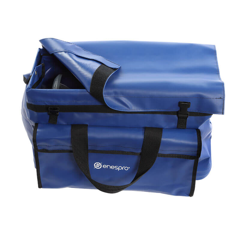 The NSA Enespro Weather-Tough Gear Bag ENBAG-VIB is a blue, water-resistant bag with black handles and a partially open top flap, revealing some contents. The Enespro logo is featured on the front pocket—ideal for carrying safety gear.