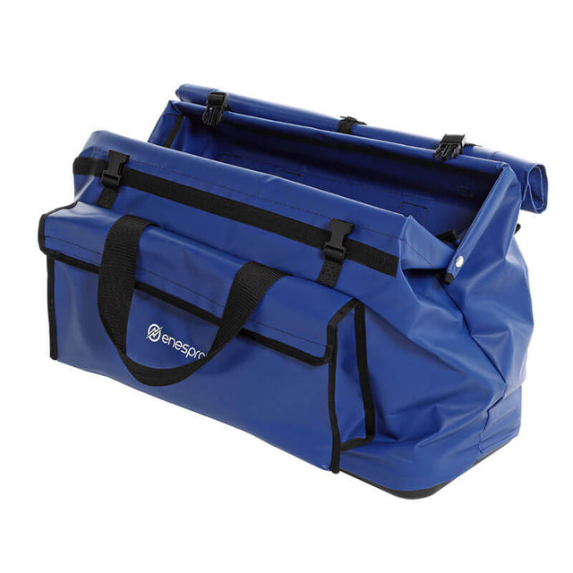 The NSA Enespro Weather-Tough Gear Bag ENBAG-VIB is blue with black handles, a side pocket, and roll-top closure. This water-resistant bag displays the "enesport" logo on the side.