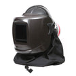 The Pureflo ESM+ PF60 PAPR Welding Helmet (PR05801-_-1_1) is a black helmet with a rectangular viewing window and protective bottom fabric, designed for head and neck protection during welding and compatible with powered air purifying respirators.