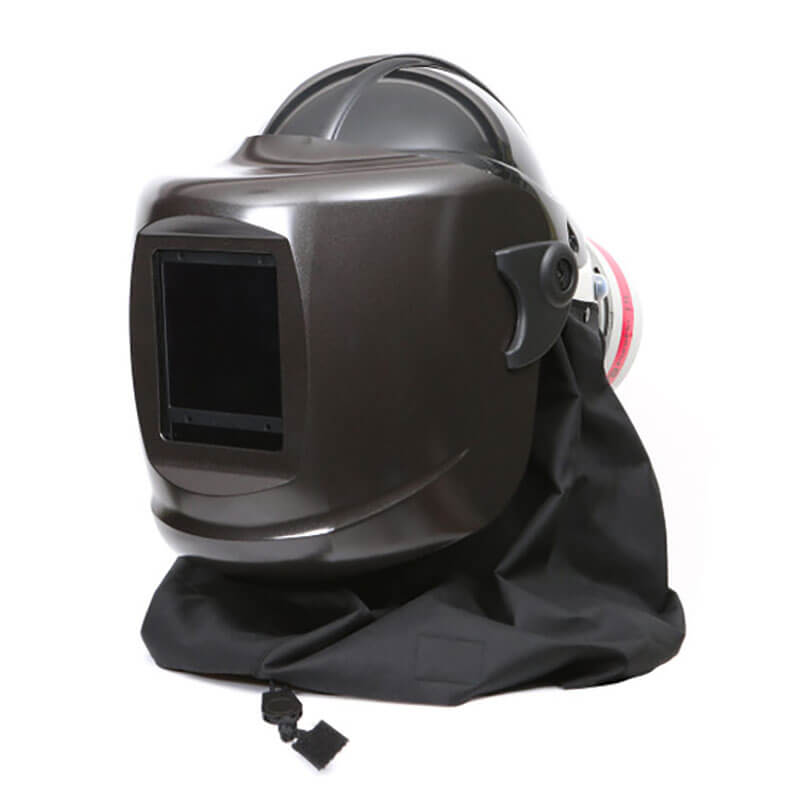 The Pureflo ESM+ PF60 PAPR Welding Helmet (PR05801-_-1_1) is a black helmet with a rectangular viewing window and protective bottom fabric, designed for head and neck protection during welding and compatible with powered air purifying respirators.