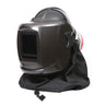 The Pureflo ESM+ PF60 PAPR Welding Helmet (PR05801-_-1_1) is a black helmet with a rectangular viewing window and protective bottom fabric, designed for head and neck protection during welding and compatible with powered air purifying respirators.