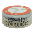 Close-up of a small cylindrical component labeled "RKI Replacement H2S Sensor ESR-A13i-H2S" for use in gas monitors, featuring a red and white circular symbol on top.