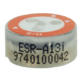 Close-up of a small cylindrical component labeled "RKI Replacement H2S Sensor ESR-A13i-H2S" for use in gas monitors, featuring a red and white circular symbol on top.