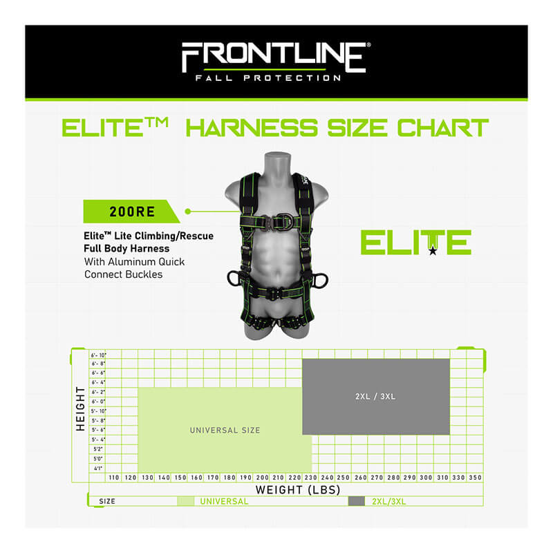 Frontline Fall Protection Elite Rescue Harness w/Aluminum Quick Connect: size chart displays full body harness on mannequin, height-weight sizing graph, and fit details for Universal & 2XL/3XL sizes. Aluminum quick connect buckles ensure added safety.
