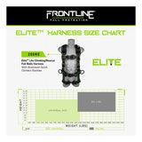 Frontline Fall Protection Elite Rescue Harness w/Aluminum Quick Connect: size chart displays full body harness on mannequin, height-weight sizing graph, and fit details for Universal & 2XL/3XL sizes. Aluminum quick connect buckles ensure added safety.
