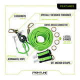 The Frontline Fall Protection 4-Person 100' Adjustable HL System includes a bright green kernmantle rope, carabiners, corrosion-resistant pulley, steel D-rings, and 6' anchor straps—all shown clearly labeled on a white background.
