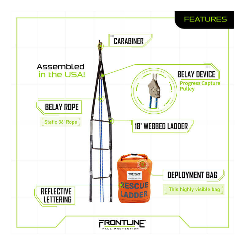 Diagram showing features of the Frontline Fall Protection Frontline Rescue 18' Ladder Kit with Pulley System RLA18B: carabiner, belay device, belay rope, 18' webbed ladder, reflective lettering, and bright orange deployment bag.