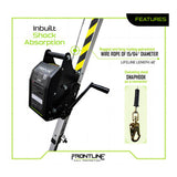 The Frontline MEGApod 60' Confined Space Winch from Frontline Fall Protection features a hand crank, built-in shock absorption, 60' galvanized steel cable, swiveling steel snaphook connector, and is mounted on a metal frame. FRONTLINE logo below.