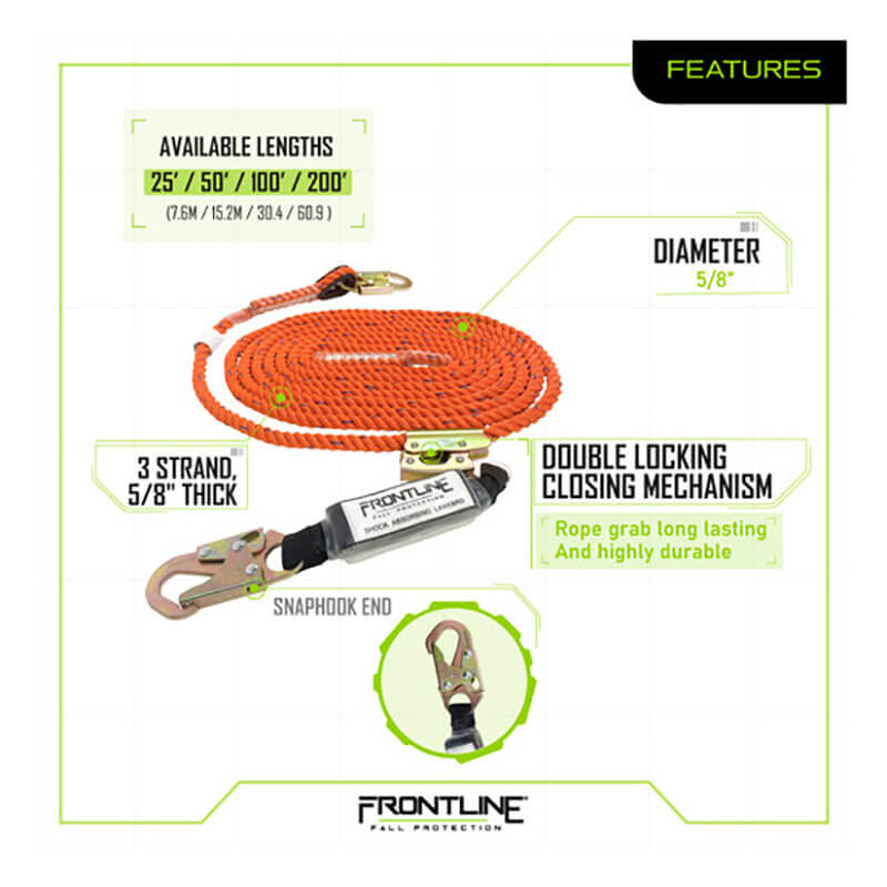 The Frontline Prem. Vertical Lifeline w/Rope Grab & Shock Pack by Frontline Fall Protection features a 5/8" orange safety rope (25-200 ft), metal snap hook, double locking closure, 3-strand design, and visible branding for vertical fall protection.