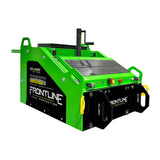 A green and black Frontline Fall Protection Solar Panel System for Commando Tank SLR-PAN, featuring control panels, handles, and buttons—engineered for tough safety use in construction or industrial environments.