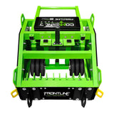A bright green, box-shaped Frontline Commando Tank Non-Penetrating Fall Protection Cart by Frontline Fall Protection, featuring wheels, metal tines, and handles for improved jobsite safety during turf or lawn maintenance.