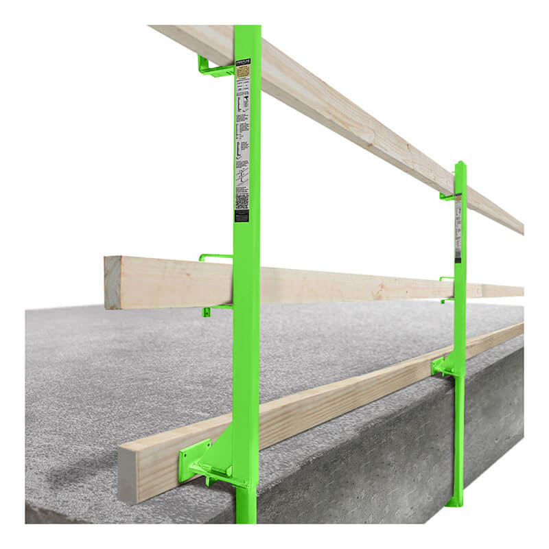 The Frontline Concrete Slab Grabber GUC2X4 by Frontline Fall Protection mounts to slab edges, using horizontal wooden rails for secure perimeter edge protection.
