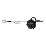 The Frontline Fall Protection Elite 2-Person 60' Temporary Horizontal Lifeline System features a black self-retracting lifeline with galvanized steel wire, carabiners, and rings for use with safety harnesses in fall arrest and horizontal lifeline systems.