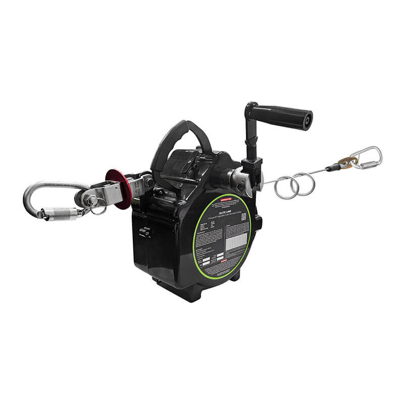 The Frontline Elite 2-Person 60' Temporary Horizontal Lifeline System by Frontline Fall Protection features a black manual rope winch with handle, safety hooks, and galvanized steel cable—ideal for lifting or pulling heavy loads onsite.