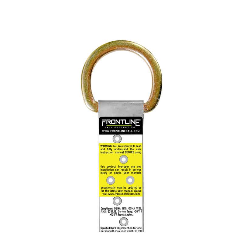 The Frontline Fall Protection Stainless Steel Permanent Roof Anchor with 1 D-Ring features corrosion resistance and a warning label, ideal for safety harnesses and construction sites, shown on a white background.