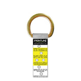 The Frontline Fall Protection Stainless Steel Permanent Roof Anchor with 1 D-Ring features corrosion resistance and a warning label, ideal for safety harnesses and construction sites, shown on a white background.