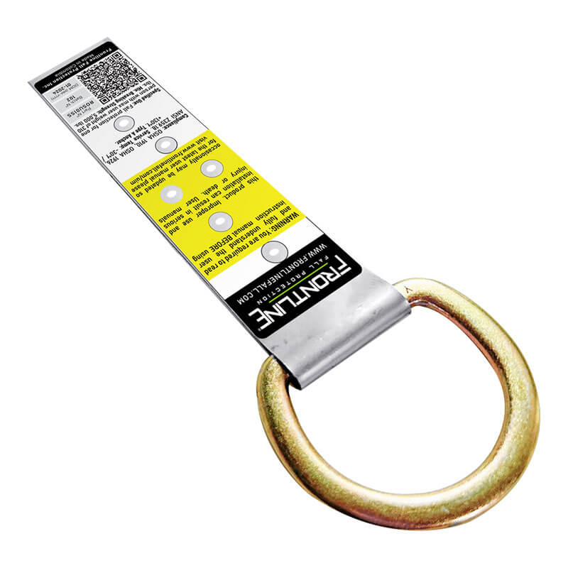 The Frontline Stainless Steel Permanent Roof Anchor, 1 D-Ring, by Frontline Fall Protection is a corrosion-resistant anchor with a yellow label and large gold D-ring for fall protection in construction or industrial safety applications.