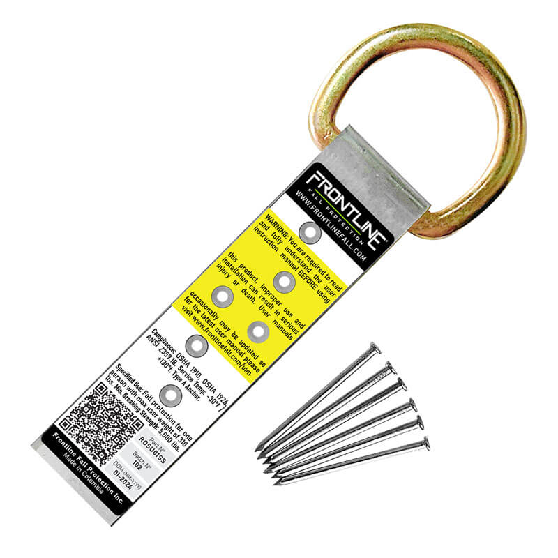 A Frontline Stainless Steel Permanent Roof Anchor with 1 D-ring from Frontline Fall Protection, featuring safety instructions and company info, is displayed next to a small pile of five metal nails.