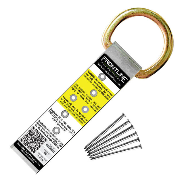 A Frontline Stainless Steel Permanent Roof Anchor with 1 D-ring from Frontline Fall Protection, featuring safety instructions and company info, is displayed next to a small pile of five metal nails.