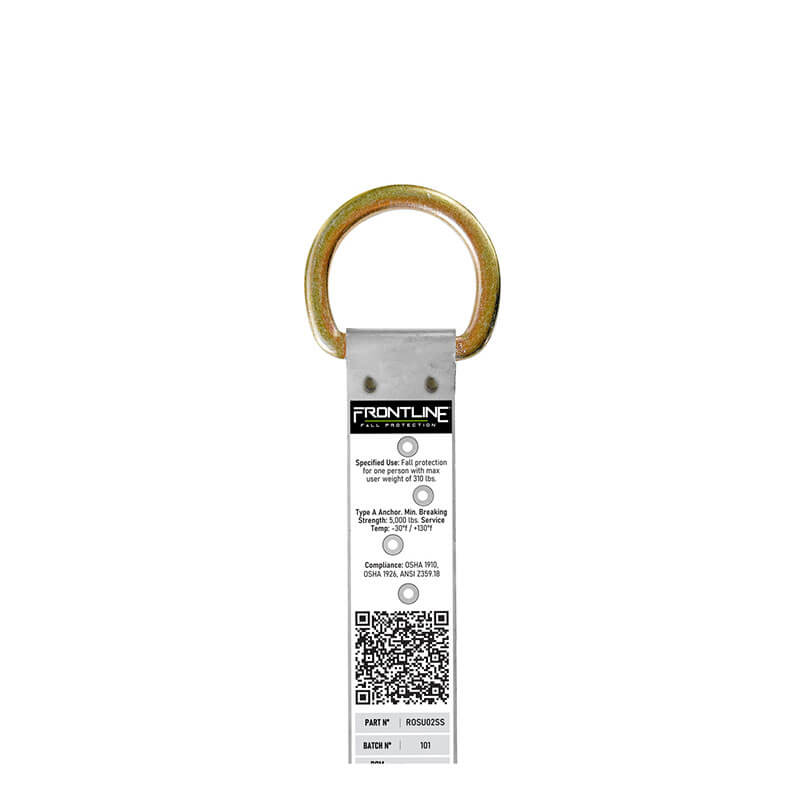 The Frontline Stainless Steel Permanent Roof Anchor features 2 D-rings for secure attachment and excellent corrosion resistance. Includes a white tag with the Frontline Fall Protection logo, product info, safety details, barcode, and QR code.